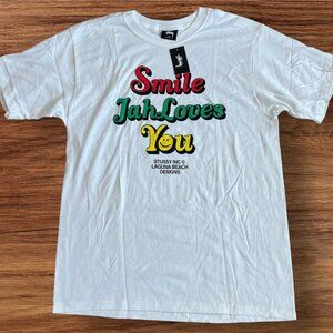 Stussy Men’s Smile Jah Loves You T Shirt Sz M White Rasta 420 NWT